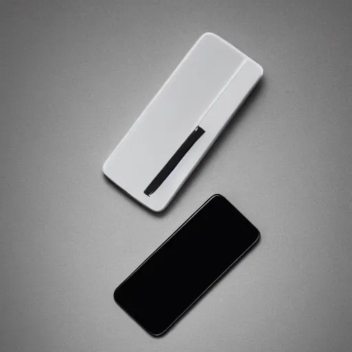 Prompt: award winning product photography of a sleek, futuristic, minimalist flip phone designed by apple, studio lighting, white background, 8 k, ultra detailed,