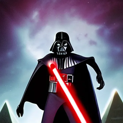 Prompt: morbius. morbius!!!!!!!!!! morbius. morbius holding a lightsaber. and darth vader, pyramids in background.