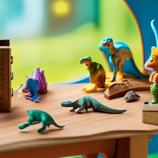 Image similar to dinosaur themed polly pocket playset, sat on a wooden study desk in front of a window, god rays, dust particles, photorealistic, aesthetic shot, worms eye view, macro camera lens, high definition, thematic, cinematic, lens flare