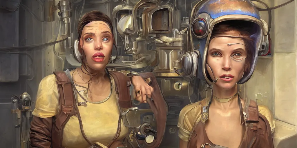 Image similar to highly detailed portrait painting of welder and angelina joile, mono eyed, by eddie mendoza and tyler edlin, windows, 8 k resolution