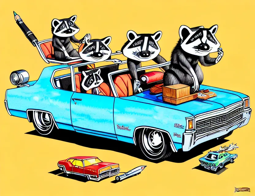 Prompt: cute and funny, racoon riding in a 1 9 6 9 chevrolet impala with oversized engine, ratfink style by ed roth, centered award winning watercolor pen illustration, isometric illustration by chihiro iwasaki, edited by range murata, tiny details by artgerm and watercolor girl, symmetrically isometrically centered