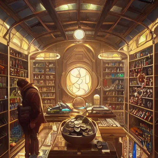 Image similar to modern coin shop with a lot of coins, 4 k, octane, digital painting, artstation, concept art, sharp focus, illustration, art by artgerm and greg rutkowski and alphonse mucha