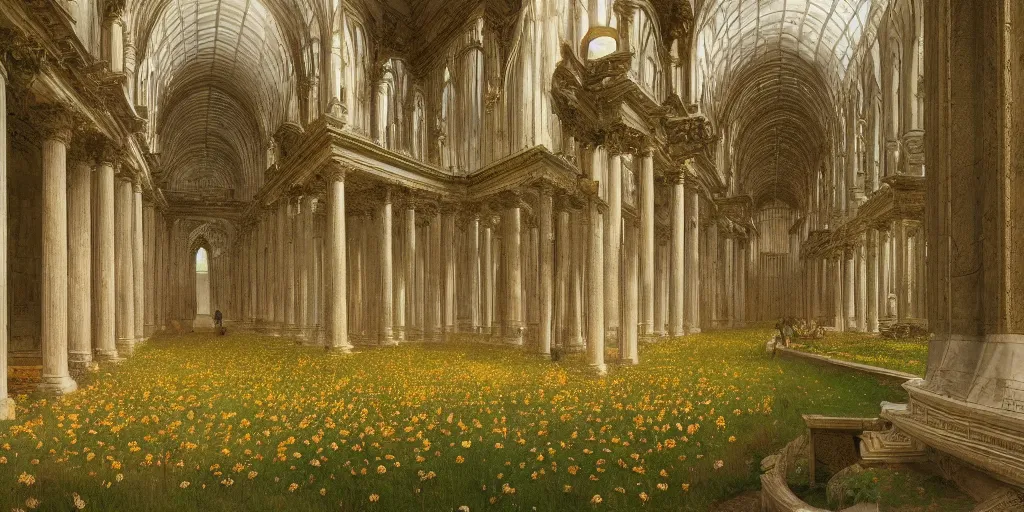 Image similar to a recursive cathedral made of marble within a wildflower meadow at dawn, infinite regress, droste effect, in the style of alma tadema