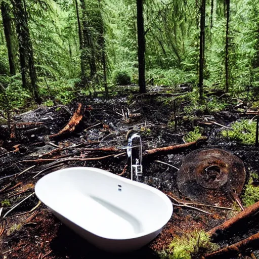 Image similar to pristine porcelain bath filled with bubbles in a clearcut rainforest, slash and burn, cleared forest, deforestation, bubble bath, overflowing with bubbles, tree stumps, smouldering charred timber