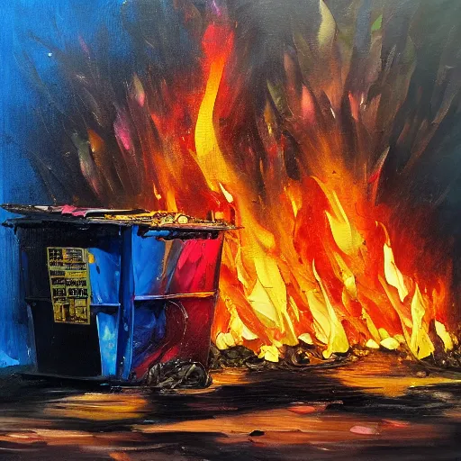 Prompt: a dumpster on fire, raccoons running around, high art, oil painting