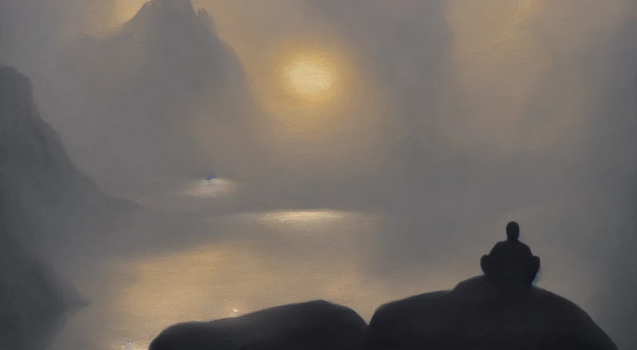 Image similar to anderson debernardi painted style a one silhouette of a meditating monk sitting in the fog on a stone protruding from the water in the rays of the morning sun