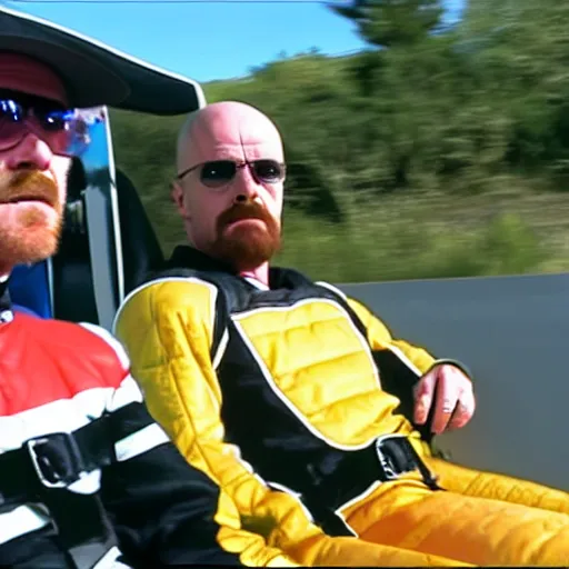 Prompt: a screencap of Walter White go-karting with Jessie Pinkman, Breaking Bad promo image
