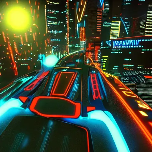 Image similar to tron from the 8 0's but using current day effects, 4 k, 8 k, ultrarealistic, by greg rudowski