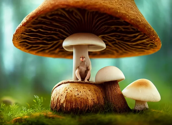 Image similar to a cute creature sitting next to a mushroom, realistic, very detailed, complex, intricate, studio lighting, superres sharpening, bokeh, sigma 5 0 mm f 1. 4, 1 9 2 0 period drama by bussiere rutkowski andreas rocha