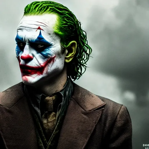 Prompt: the joker in game of thrones, 4 k, epic, cinematic, focus, movie still, serious, extreme detail, atmospheric, dark colour