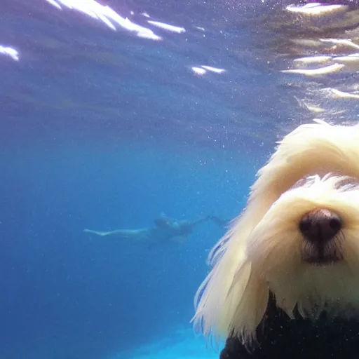 Image similar to a cream-colored havanese snorkeling in a tropical reef, gopro photo, 4k