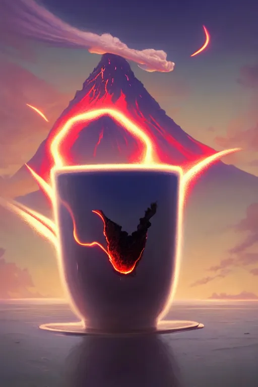 Image similar to coffee cup with volcano erupting from inside whipped cream, stephen bliss, unreal engine, fantasy art by greg rutkowski, rhads, ferdinand knab, makoto shinkai and lois van baarle, ilya kuvshinov, rossdraws, tom bagshaw, global illumination, radiant light, red blue theme, pine forest