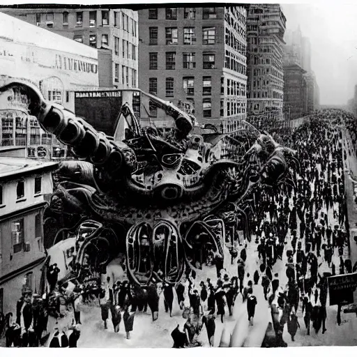 Image similar to old black and white photo, 1 9 1 3, depicting a giant biomechanical alien monster kaiju robot fighting tanks through the bustling streets of new york city, historical record