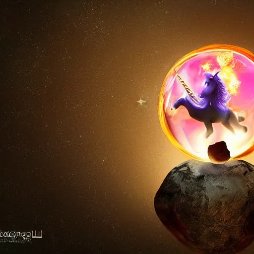 Image similar to Magical glowing sphere in midair, with a unicorn inside it. A white celestial unicorn is trapped inside the sphere. A burnt landscape is in the background. The sphere is held up by sinister rusting steel pincers that reach from the ground, and has a unicorn inside it. Digital art, trending on artstation