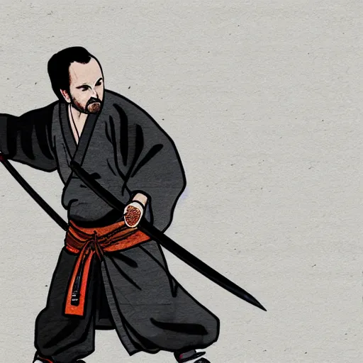 Image similar to jesse pinkman from breaking bad wearing samurai armor and holding a katana in feudal japan, 4 k, hyper realistic, ink block painting, edo period