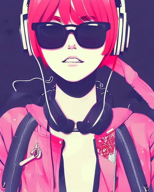 Prompt: girl wearing headphones and sunglasses, very anime!!! anime!! intricate details, high contrast colors, detailed poster background, art by conrad roset and ilya kuvshinov