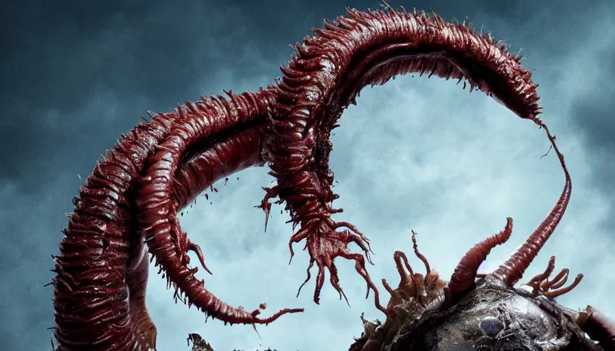 Prompt: big budget horror movie about a carnivorous giant cyborg earthworm