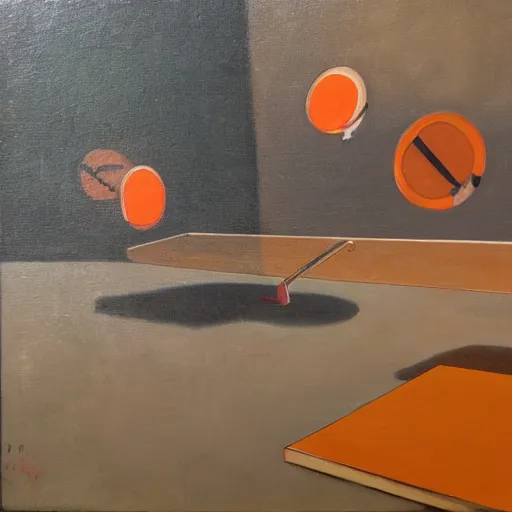 Image similar to Due gatti giocano a ping-pong su sfondo arancione, oil painting