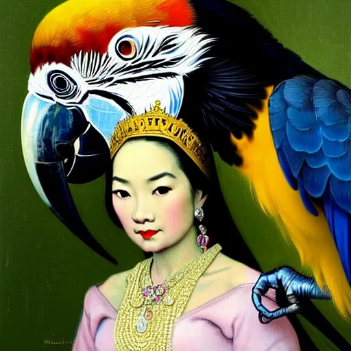 Image similar to close up portrait of the elegantly beautiful, sophisticated, slender rich vietnamese queen and her macaw parrot. intricate eye detail focus, baroque, batik, by norman rockwell, range murata jeremy lipking, trending on pinterest, vivid 8 k, sharp depth of field, pristine global illumination, smooth, 3 d.