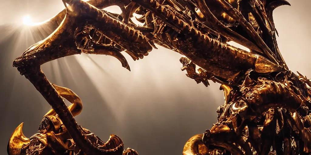 Image similar to ribs and spines and teeth, gold ram horns, copper goat skulls, grand imposing powerful sculpture. swirls of mist. sunrise, intense light beams, lens flare. occult photorealism, uhd, amazing depth, volumetric lighting, cinematic lighting. epic landscape.