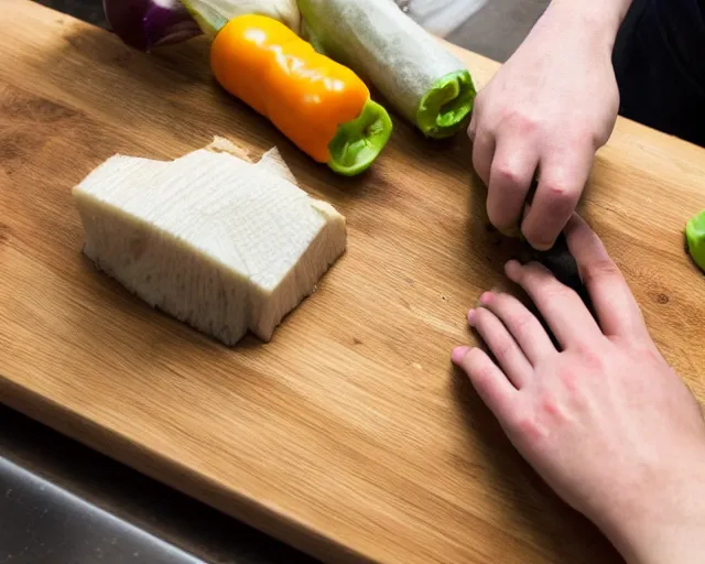 Prompt: ( 9 0 degrees fov, first person point of view )!!!!! of me!!!!! chopping vegetables on a chopping board