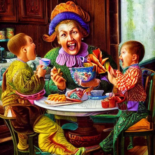 Prompt: hyper realistic hight detailed grandmother with a big mouth eating a baby on the table in the russian kitchen, style by ernst haeckel, bright colors