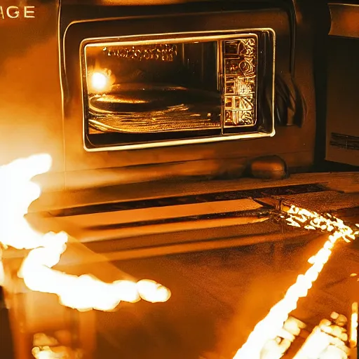 Image similar to toaster oven shangig by metallic cables, symmetry, dark messy smoke - filled cluttered workshop, dark, dramatic lighting, orange tint, sparks, cinematic, highly detailed, sci - fi, futuristic, movie still