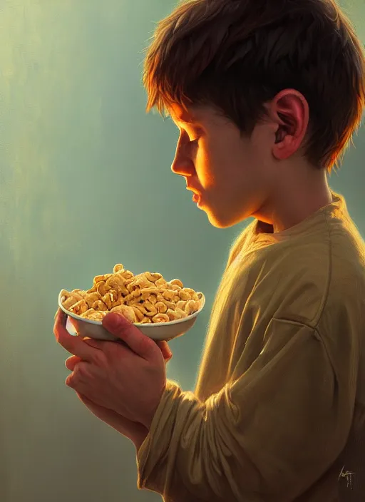 Prompt: moody portrait of a young boy sobbing uncontrollably because he has no more cereal in his bowl, tragedy, path traced, environment, highly detailed, high quality, digital painting, alena aenami, lilia alvarado, shinji aramaki, karol bak, alphonse mucha, tom bagshaw