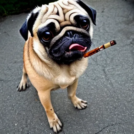Prompt: pug in a leather jacket smoking a cigarette