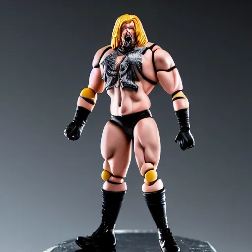 Image similar to Full body shot of a highly detailed flexible Triple H vinyl plastic figurine as a villain, highly detailed face, white background, 3d, high quality, depth of field, high contrast, 8k, concept art, smooth, sharp focus, highly detailed, wrestling, WWE