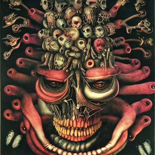 Image similar to post - punk new age album cover, magic, apocalypse, psychedelic, psychonaut, black white pink, magic, giger h. r., giuseppe arcimboldo