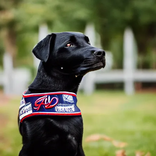 Prompt: A portrait of a Black Labrador Retriever wearing an Atlanta Braves shirt, Sigma 85mm f/1.4, DSLR 8k