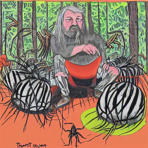 Prompt: robert wyatt sitting alongside giant spiders, illustration by robert wyatt