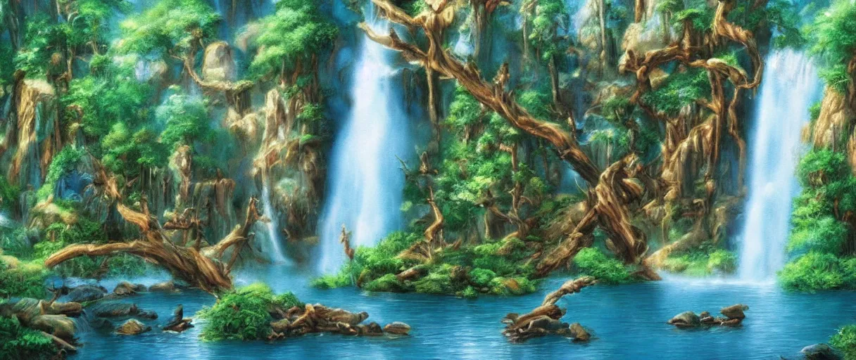 Prompt: disney movie background art of a beautiful waterfall in a forest