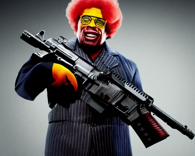 Image similar to ronald macdonald as scarface ronald macdonald holding ar - 1 5, promotional image, cinematic