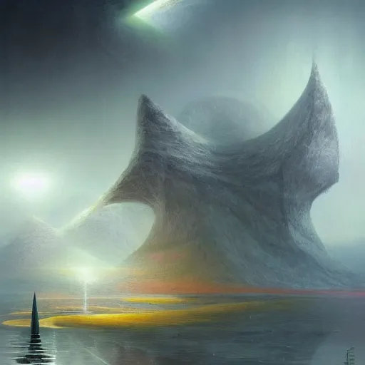 Image similar to An abstract thought, a concept of art, a magical light in the dark + detailed matte painting + action painting, concept art, geometric abstract art + a landscape masterpiece by Jim Burns