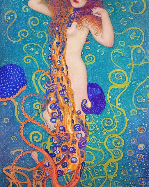 Image similar to a beautiful girl underwater wearing a colourful octopus as a dress and surrounded by colourful jellyfish, painted by gustave klimt, edgar maxence, edward hopper, wayne barlowe, james gilleard and james jean