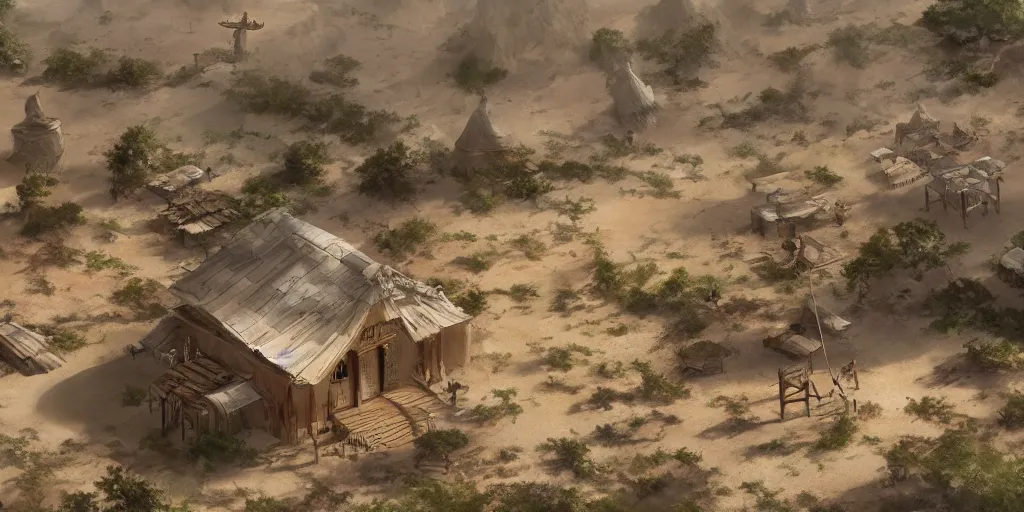 Prompt: extreme long shot of a sacred warrior isolated community living in an oasis in the middle of a large sand desert, digital painting, artstation, matte painting, highly detailed, art by mappa, kyoani, wit studio, studio bind