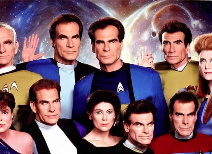 Prompt: a promo photo from a 1 9 9 0 s sci - fi tv programme, star trek tng, deep space 9, babylon 5, quantum leap, vhs distortion