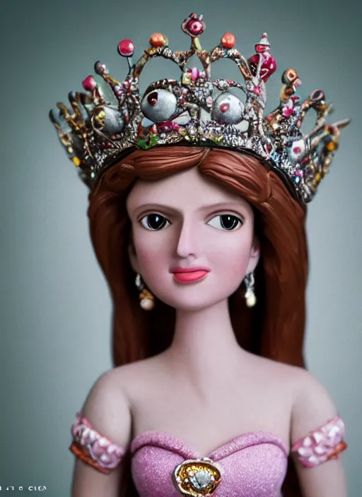 Image similar to closeup face profile portrait of tin toy princess diana as a fairytale princess wearing a crown eating cakes, bikini, depth of field, zeiss lens, detailed, symmetrical, centered, fashion photoshoot, by nicoletta ceccoli, mark ryden, lostfish, breathtaking, 8 k resolution, extremely detailed, beautiful, establishing shot, artistic, hyperrealistic, octane render