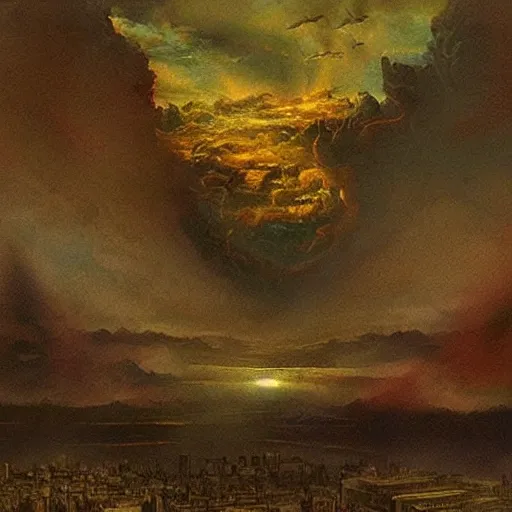 Prompt: “the fall of god onto earth, ruined cities in the distance”