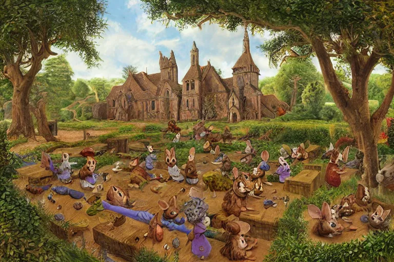 Image similar to an elaborate and dense painting of redwall abbey in mossflower wood with lots of medieval anthropomorphic mice and rabbits and otters, detailed by brian jacques and greg rutowski