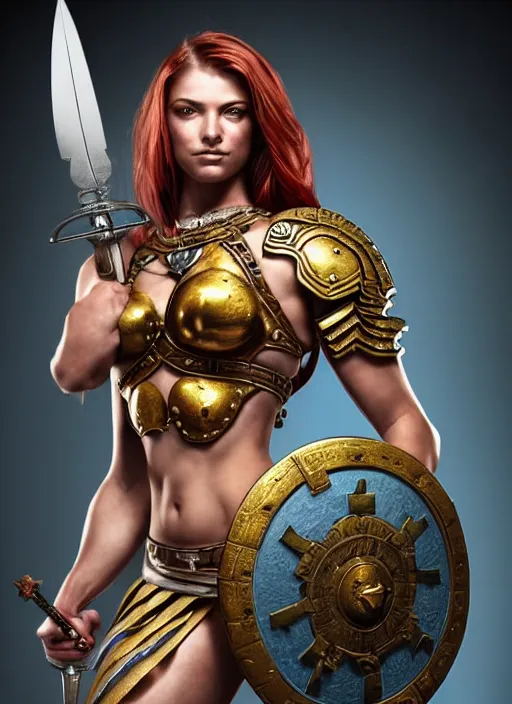 Image similar to portrait of a beautiful muscular maiden spartan with a sword and shield, wounds from battle, warhammer 40000, intricate, elegant, highly detailed, smooth, sharp focus, art by stephen lau and artgerm in the style of Steven Kostic and greg rutkouwski,