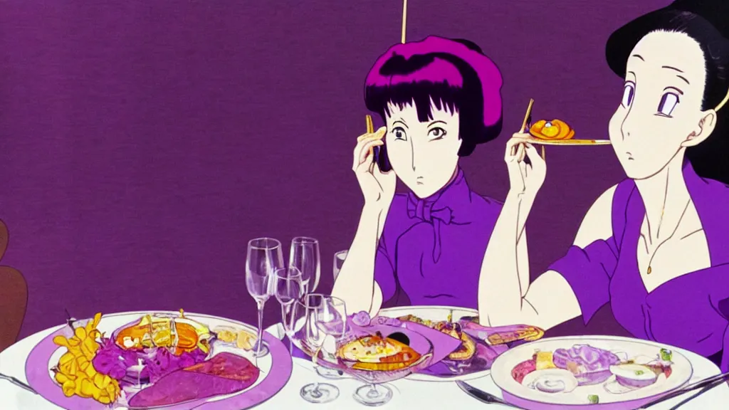 Image similar to a woman wearing a purple dress and wearing a purple slug mask eating dinner at a fancy French restaurant in Tokyo, anime film still from the an anime directed by Katsuhiro Otomo with art direction by Salvador Dalí, wide lens