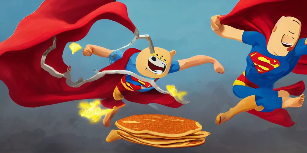 Image similar to Epic painting of Jake from adventure time fighting superman while eating bacon pancakes, by senior character artist, volumetric lighting, concept art, digital painting 8k