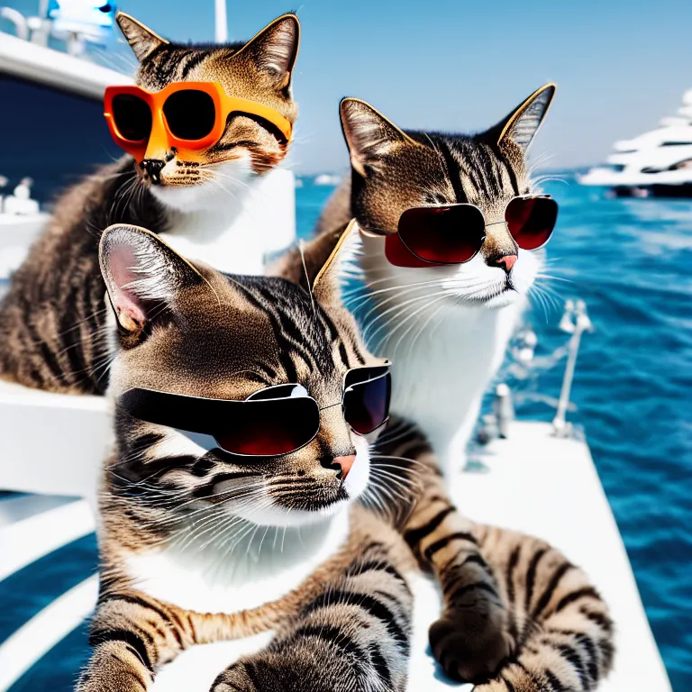 Prompt: cat wearing sunglasses on his yacht hanging out with beautiful cat models, paparazzi photo, vogue magazine, candid 8 k,