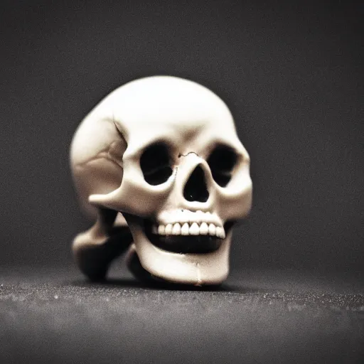 Prompt: a tiny human Skull, black background, close-up macro photography, bokeh, shallow focus