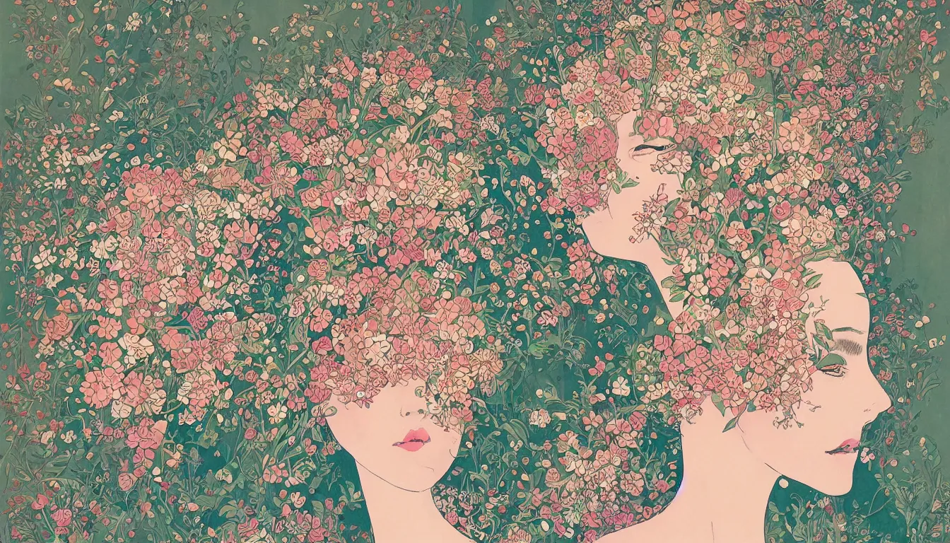 Image similar to beautiful woman with a head made from a bouquet of flowers by victo ngai