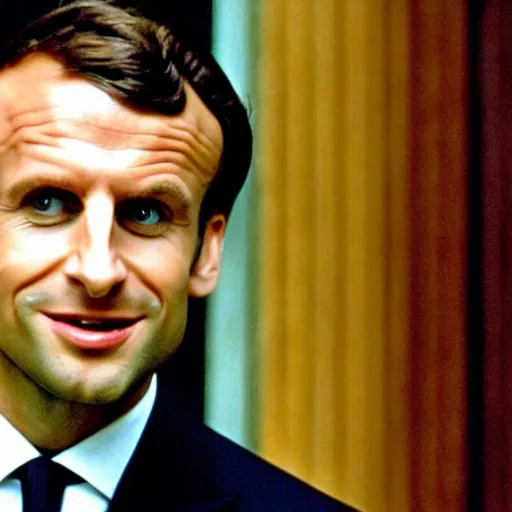 Image similar to Emmanuel Macron vicious smile in American Psycho (1999)