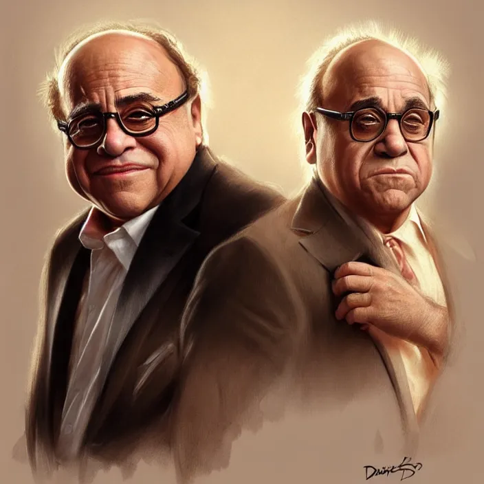 Image similar to danny devito and a blond man, elegant, real life skin, intricate artwork, high detailed, artstation, concept art, smooth, sharp focus, art by artgerm and greg rutkowski